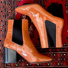 New Without Tags Or Box Authentic Dries Van Noten Stunning Sienna Orange Patent Leather Ankle Boots. Almond Shaped Toe. Chunky Stacked 3” Heel. Elastic Side Paneling. Pull On Style. Size 39.5, Fit Closer To A Us 9. 5.75” Shaft. Chic Almond Toe Chelsea Boots For Formal Occasions, Luxury Pointed Toe Chelsea Boots For Fall, Chic Chelsea Boots With Block Heel For Formal Wear, Chic Formal Chelsea Boots With Block Heel, Elegant Chelsea Boots For Fall Party, Fall Patent Leather Chelsea Ankle Boots, Designer Patent Leather Heeled Boots With Reinforced Heel, Luxury Patent Leather Heeled Boots For Fall, Chic Chelsea Boots In Calf Leather With Medium Width