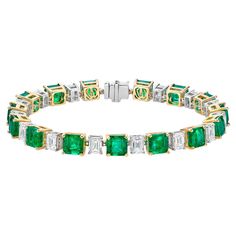 Presenting a sophisticated and classic Colombian Emerald Tennis Bracelet. Classic and timeless by Sunita Nahata Fine Design. Perfectly calibrated with the finest gems and diamonds this is an investment piece that showcases the beauty of the finest emeralds. Emerald Tennis Bracelet in 18 Karat White Yellow Gold with Diamond. Emerald: 2.15 carat, 5.60X5.60mm size, square shape. Emerald: 2.90 carat, 5.50X5.50mm size, square shape. Emerald: 0.89 carat, 5.50X5.40mm size, square shape. Emerald: 4.62 c Luxury Green Tennis Bracelet For Women, Luxury Elegant Tennis Bracelet With Emerald, Luxury Elegant Emerald Tennis Bracelet, Green Emerald Gemstone Tennis Bracelet, Formal Green Emerald-cut Tennis Bracelet, Classic Emerald-cut Emerald Bracelet, Bracelet Tennis, Colombian Emeralds, Naha