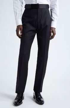 A sleek satin waistband and side stripes contrast with the rich wool-and-mohair body of these tuxedo-styled trousers masterfully crafted in Italy. Zip fly with side buckle closure Front slant pockets; back button-welt pockets 85% wool, 15% mohair with 100% cupro and 100% cotton contrasts Dry clean Made in Italy Designer Clothing Wool Full Length Formal Suit, Luxury Black Pants With Welt Pockets, Luxury Black Wool Bottoms, Business Black Suiting Fabric Bottoms, Black Business Suiting Fabric Bottoms, Black Suiting Fabric Bottoms For Business, Luxury Black Straight Leg Dress Pants, Black Luxury Straight Leg Dress Pants, Black Formal Dress Pants With Straight Hem