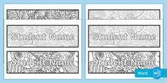 four coloring pages with the words student name on them