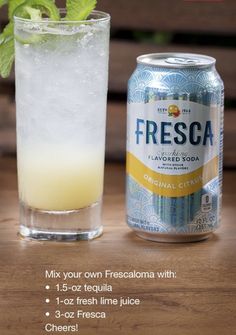 a can of fresca next to a glass filled with ice