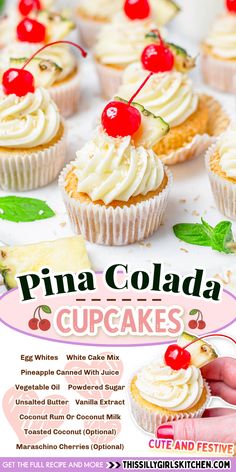 cupcakes with white icing and cherries on top are featured in this flyer