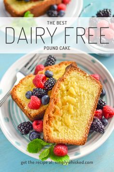 the best dairy - free pound cake with berries and blueberries is on a plate