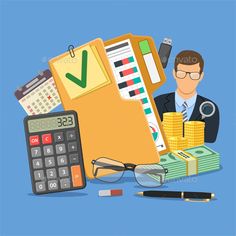 a man sitting at his desk with stacks of money, calculator and pen