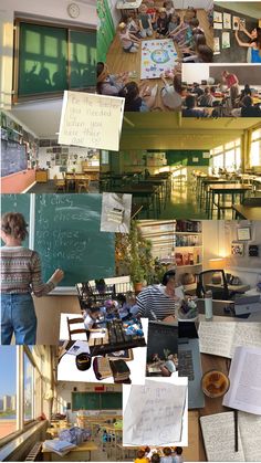 a collage of photos with people sitting at tables and writing on the chalkboard