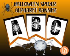 three halloween spider alphabet banners are shown