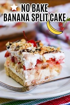 no bake banana split cake on a white plate with a fork and the title overlay reads, no bake banana split cake