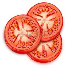 three sliced tomatoes on white background with clipping for the top and bottom half cut