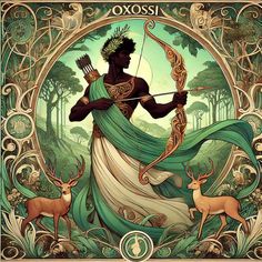 an illustration of a man holding a bow with deer in front of him and the words oxossi on it