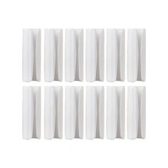 six white vases are lined up in a row on a white background, each with different shapes and sizes