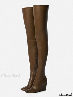 Olivia Mark - Women's Thigh-High Boots with a Classic Round Toe and Elevating Heel Fitted Leather Over-the-knee Boots, Fitted Over-the-knee Leather Boots, Fitted Brown Faux Leather Platform Boots, Brown Fitted Over-the-knee Boots, Fitted Brown Over-the-knee Boots, Brown Leather Thigh-high Boots, Fitted Full Length Platform Boots For Fall, Brown Over-the-knee Tall Boots, Tall Brown Over-the-knee Boots