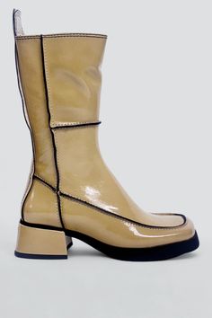 Beige Alzira Boot - Miista – Assembly New York Leather Boots Outfit, Layering Jacket, Boot Pulls, Eyewear Shop, Brown Oxfords, Patent Leather Boots, Vintage Swimwear, To The Future, Girls Boots