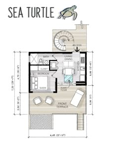 the floor plan for a sea turtle themed apartment with an open living room and dining area