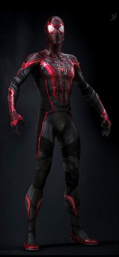 a spider - man in black and red suit with his hands on his hips, posing for the camera