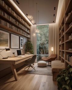 a home office with bookshelves, desk and chair