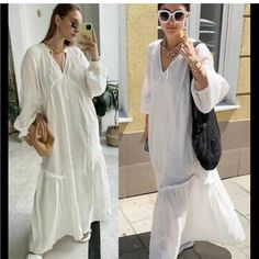 H&M Conscie Collection Kaftan Dress. Size: S -Plunge Maxi -Bloho- Glam Style -Ruffle Datails -Optional Tie At Neck -Long Sleeve Black Tshirt Dress, White Sheer Dress, White Sundress, Flounced Dress, Floral Sundress, Glam Style, Poplin Dress, Midi Dress Casual, Organic Cotton Fabric