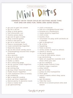 Strengthen your bond with your child through these fun and simple mini date ideas! From ice cream runs to nature walks, board games, and creative projects, these one-on-one activities are perfect for creating special memories. 💕 #ParentingIdeas #FamilyTime #MiniDates #TheKindnessProject Quality Time Ideas With Husband, Bookstore Scavenger Hunt Date, Cute Little Date Ideas, Simple Date Ideas At Home, Date Ideas Adults, Scavenger Hunt Date Ideas, No Spend Date Ideas, Dates To Go On With Your Boyfriend, Christmas Date Night Ideas