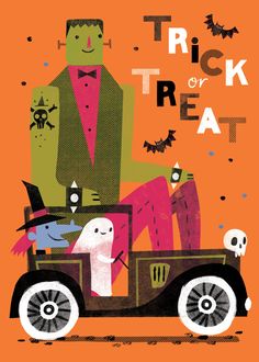 a halloween card with an image of a man in a car and ghost on the back