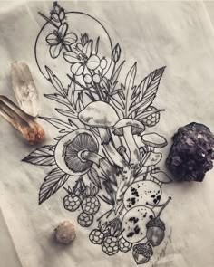 an ink drawing of mushrooms and flowers on paper next to some rocks, crystals and other items