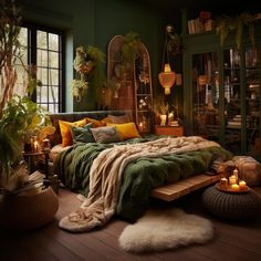 a bedroom with green walls and lots of plants in the corner, including candles on the bed