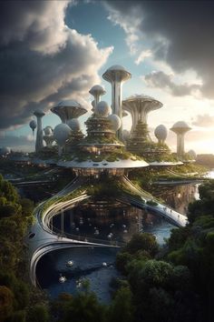 a futuristic city surrounded by trees and water