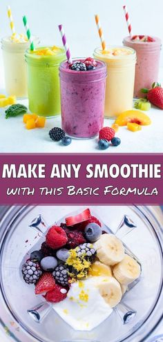 three smoothies with fruit and yogurt in them on a clear glass plate next to the words make any smoothie with this basic formula