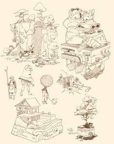 an image of cartoon characters and objects drawn by hand