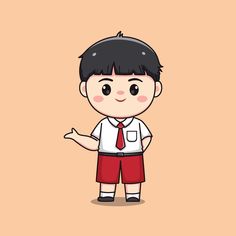 a cartoon boy wearing a red tie and white shirt with his hand out to the side