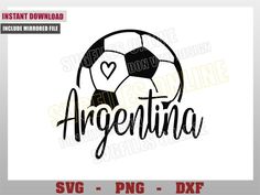 the word argentina with a soccer ball and heart in black ink on a white background