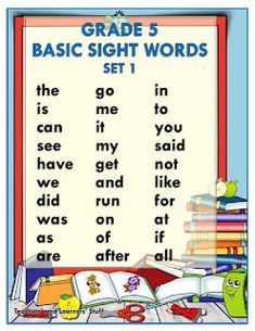 a poster with words and pictures on it that say, grade 5 basic sight words set 1