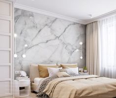 a bedroom with marble wallpaper and white bedding, along with two bedside tables