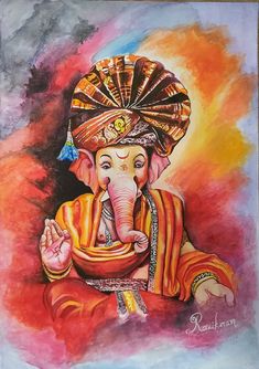 an elephant with a turban on it's head sitting in front of a painting