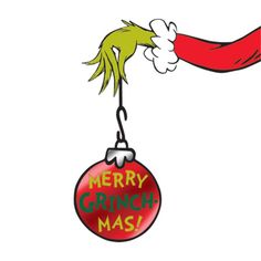 a grin face ornament hanging from a red christmas ball with the words merry grin mas on it