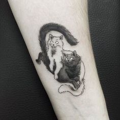 black and white cat tattoo on the left inner arm with two cats sitting next to each other