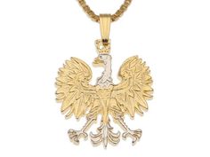 Polish Eagle Pendant and Necklace, Poland 10 Zloty Coin hand Cut, 14 Karat Gold and Rhodium plated, Polish Eagle, Eagle Pendant, Eagle Necklace, Large Necklace, Three Star, Coin Jewelry, Coin Pendant, Gold Plated Chains, Pendant Earrings