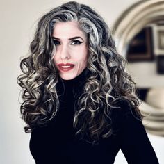 Grey Highlights On Curly Hair, Salt And Pepper Hair Long, Long Salt And Pepper Hair Over 50, Salt And Pepper Curly Hair, Shoulder Length Salt And Pepper Hair Over 50, Natural Grey Hair Transition, Curly Gray Hair, Natural Grey Hair, Long Salt And Pepper Hair Natural