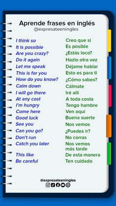 an open notebook with words written in spanish on the page and below it is a list of phrases