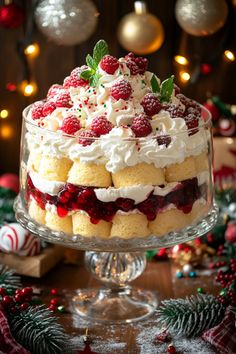 A beautiful Christmas trifle dessert, showcasing layers of cake, custard, fruits, and whipped cream, perfect for holiday celebrations.