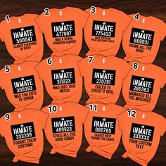 twelve orange shirts with the names of each team