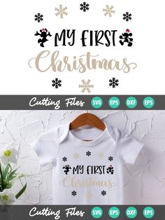 a baby's first christmas shirt with snowflakes on it and the words, my first christmas cutting file