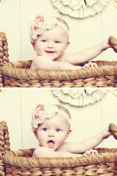 two pictures of a baby sitting in a basket and smiling at the camera with her arms out