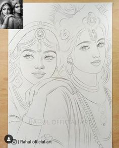 a drawing of two women with their faces drawn in pencil