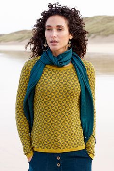 This Merino wool blend jumper showcases our exclusive jacquard kite knit, and will add a touch of luxury to your everyday wardrobe. Crafted from a mix of cruelty free Merino wool and cotton it will keep you snug, whilst the fitted shape ensures a flattering silhouette. Wear with plain trousers or our button through cord skirt.  #knitwear #slowfashion #sustainablefashion Fitted Jumper, Wool Jumper, Jacquard Knit, Basic Outfits, Knitted Jumper, Everyday Wardrobe