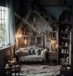 an old fashioned living room with antique furniture and candles on the windows sills