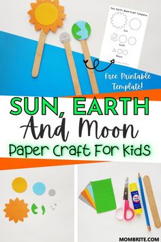 the sun earth and moon paper craft for kids is shown with scissors, pens, glue and