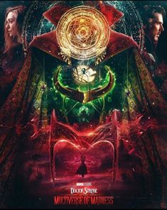 the poster for doctor strange's multiverse of madness is shown in red and green