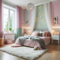 a bedroom decorated in pastel pink and white with lights hanging from the ceiling above the bed