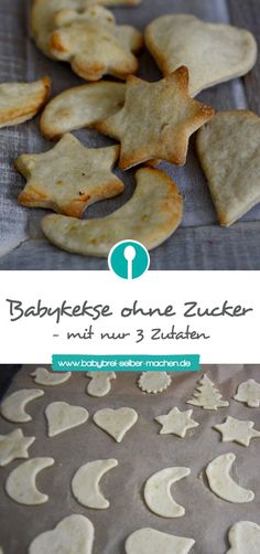 baked stars and moon shaped cookies on a baking sheet with the words bakeuse ohne zuecker