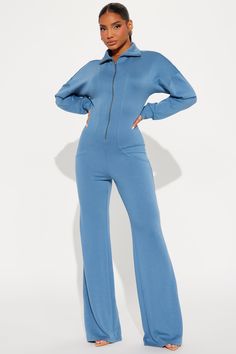 Available In Hunter And Blue. Jumpsuit Long Sleeve Zip Front Flare Leg Seaming Stretch 47% Polyester 46% Rayon 7% Spandex Imported | Running Errands Jumpsuit in Blue size Large by Fashion Nova Jumpsuit Long Sleeve, Jumpsuit Long, Blue Jumpsuit, Long Jumpsuits, Running Women, Blue Fashion, Running Errands, Fashion Nova, Jumpsuit