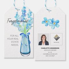 an id card with blue flowers in a vase and the words, forget me not for all your real estate needs